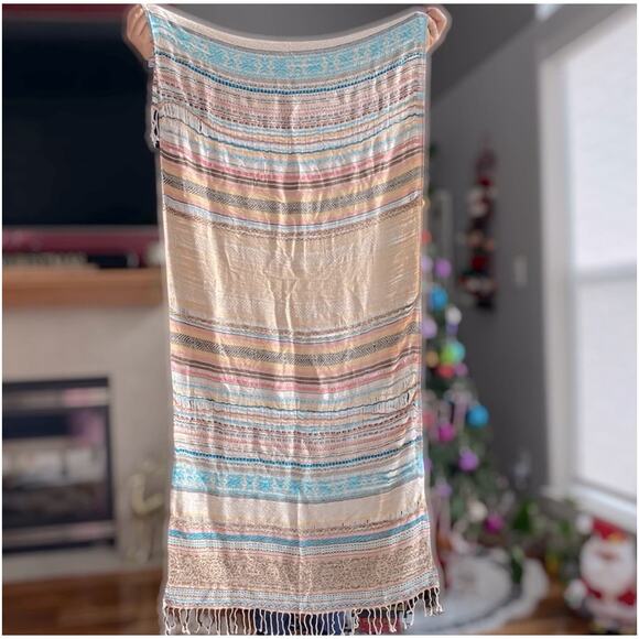 Bohemian Wrap Scarf Woven Striped Fringed Aztec Geometric Beige Blue Pink - Picture 12 of 14